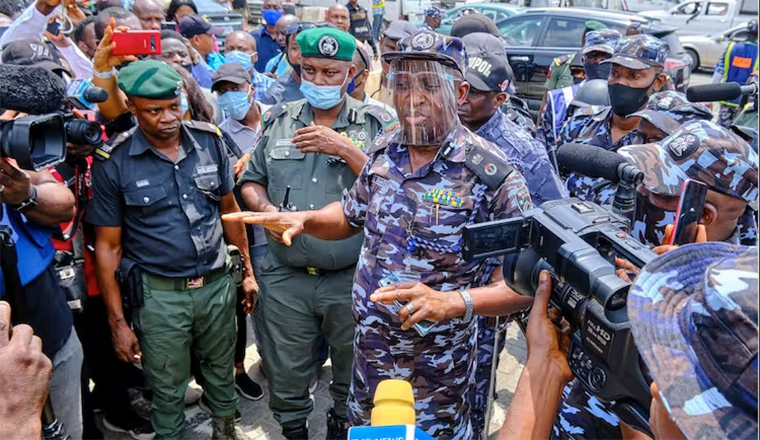 Hakeem Odumosu, former Lagos State Police Commissioner, addressing journalists during a protest in Lagos. Adeyinka Yusuf/Majority World/Universal Images Group/Getty Images)