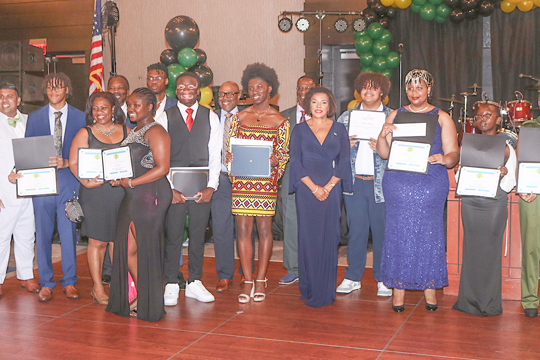 Jamaica’s Ambassador to the United States Audrey Marks (centre) shares the spotlight with the scholarship awardees of the Jamaican Organization of Rochester New York on Friday night, July 28, 2023 at the Hyatt Regency Hotel in Rochester New York(.Photo Derrick Scott)