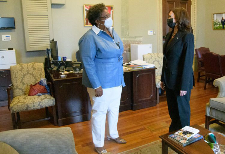 Mia Mottley and Kamala Harris held bi-lateral talks in  hour-long meeting at Harris’ office in the Eisenhower Executive Office Building, next door to the White House. 