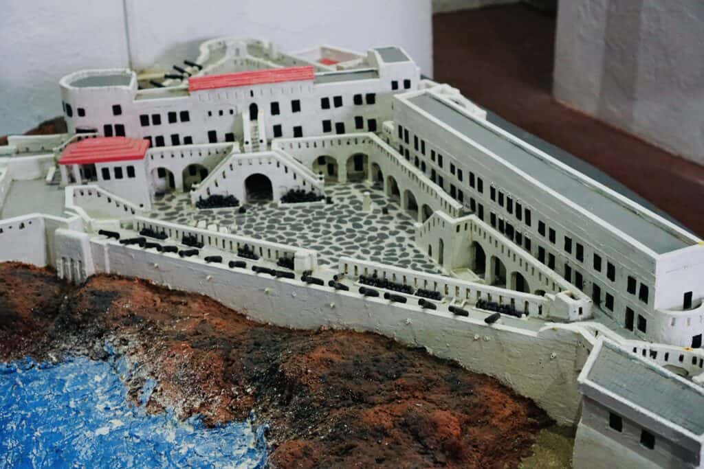 A model of the Cape Coast Castle  with its strategic coastal location and robust fortifications, was perfectly positioned to become a pivotal point in this inhuman trade, serving as a holding and shipping point for countless African men, women, and children who were forcibly taken from their homes and sold into slavery.