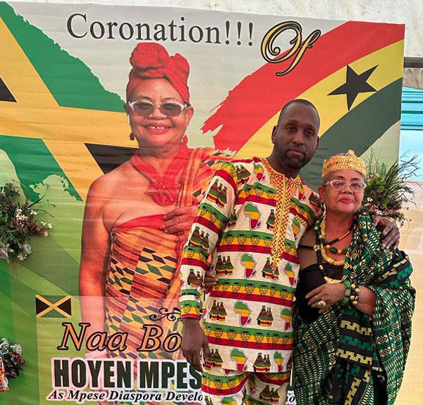 Ghana Queen, Naa Boafoyena Hoyen Mpese Tsuru the 1st, is congratulated by her nephew Teron Fraser at the coronation.