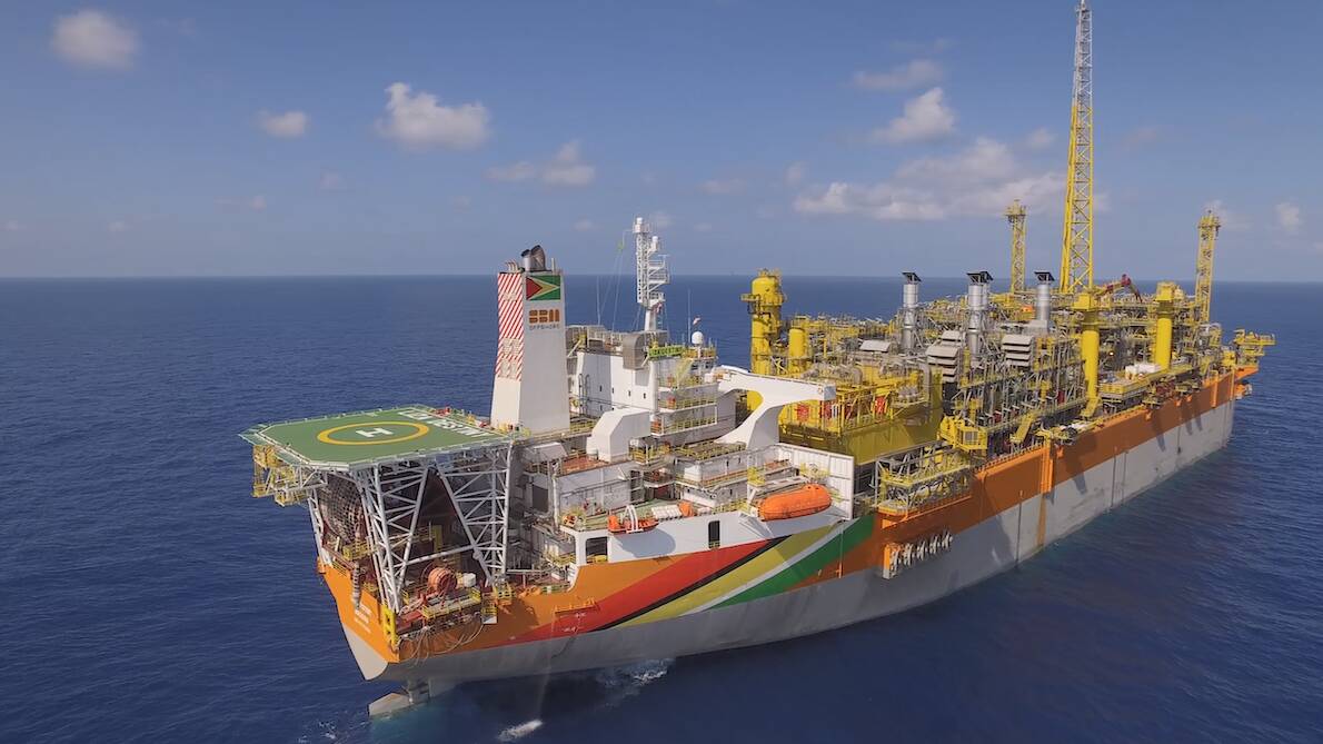 ONE GUYANA Floating, Production, Storage and Offloading (FPSO) vessel in Guyanese waters. This vessel operates along-side the Destiny, Unity and Prosperity FPSOs in the Stabroek block offshore Guyana. Constructed by SBM Offshore, the ONE GUYANA FPSO operates in the Yellowtail development, with an overall storage volume of around two million barrels.