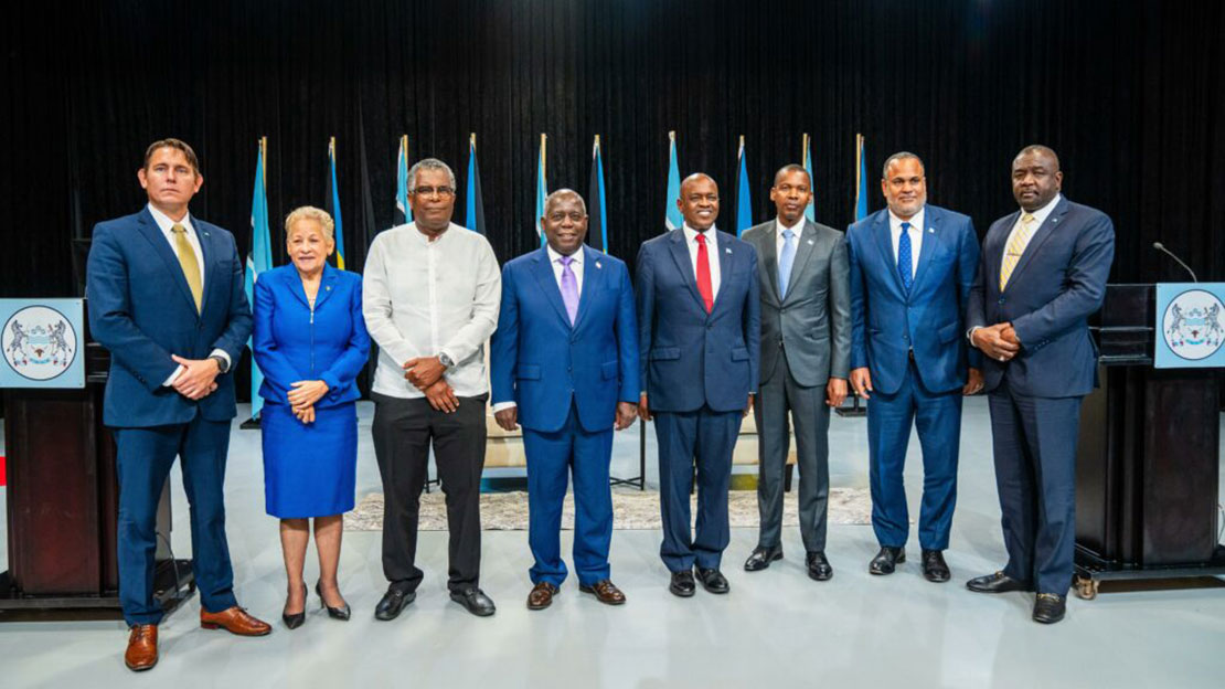 Prime Minister Philip Brave Davis and delegation pose with President Dr. Mokgweetsi Masisi on March 18, 2024, on official visit to GABORONE, Botswana.