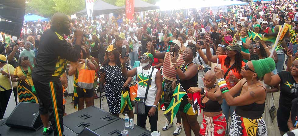 Jamaican balladeer Richie Stephens delivering a command proformas to the delight of the audience at JAMAICA FEST, Silver Springs.
