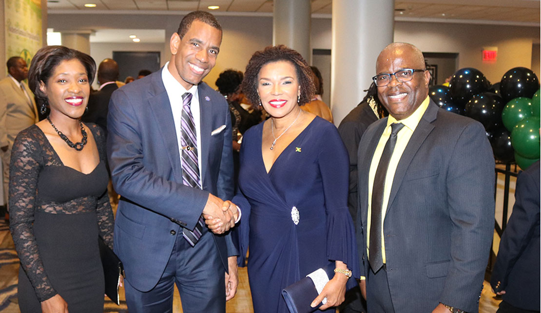 Jamaica’s Ambassador to the United States Audrey Marks receives a warm welcome from the Mayor of Rochester Mr. Malik Evans as she arrives at the Hyatt Regency Hotel in Rochester for the 17th Anniversary Gala of the Jamaican Organization of Rochester New York on Friday night July 28, 2023. At left is Mrs Shawanda Evans, wife of the Mayor and president of the Rochester Jamaica Organization Dr. Joel Frater(. Photo Derrick Scott)