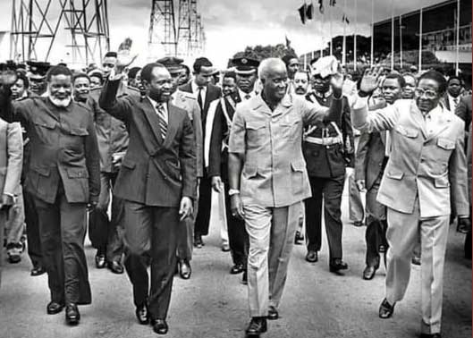 A poignant photo of a bygone era. Left to right are: Sam Nujoma of Namibia, Samora Machel of Mosambique, Kenneth David Kaunda of Zambia, and Robert Gabriel Mugabe of Zimbabwe. A testament to their courage and dedication to the fight for African independence and freedom.