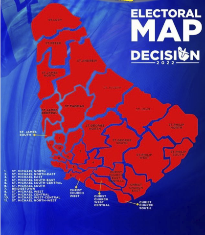 Electoral Map of Barbados showing all the constituencies won by the BLP