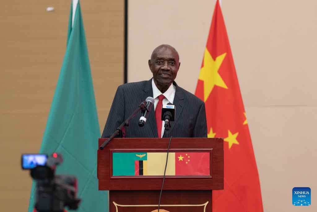 Vernon Mwaanga, Zambia's former ambassador to the United Nations, addresses a reception hosted by the Chinese Embassy in Zambia, in Lusaka, Zambia, Sept. 26, 2024