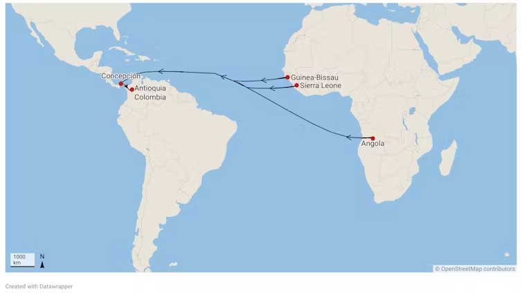  The journey over sea and land. Paola Vargas Arana/Usifo Omozokpea/Open Street Map 