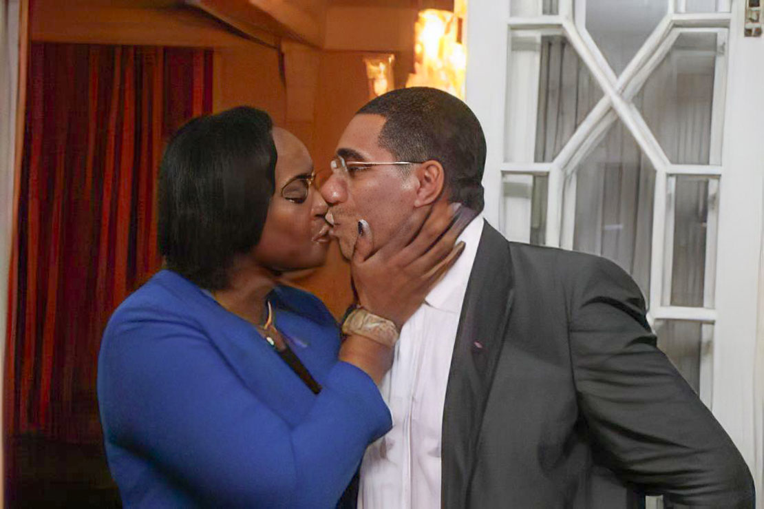 Prime Minister Andrew Holness in a loving embrace with his spouse, Member of Parliament Juliet Holness, who is also the Speaker of The House of Representatives. Opposition Leader Mark Golding drew the ire of the governing Jamaica Labour Party on Tuesday, including Prime Minister Andrew Holness, when he made a statement about House Speaker Juliet Holness, who is also the wife of Jamaica's head of government.