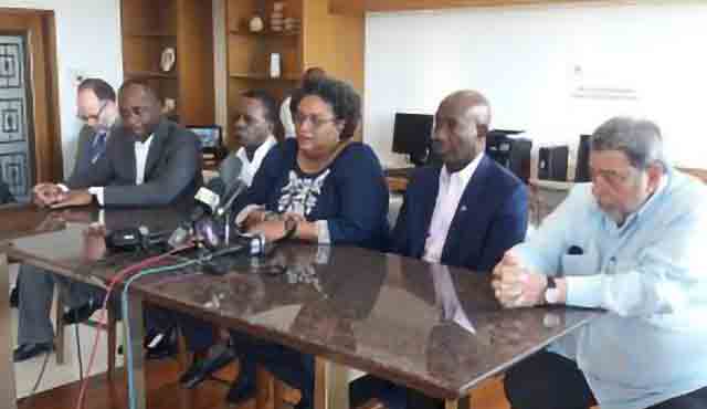 CARICOM Chairman, Barbados’ Prime Minister, Mia Amor Mottley flanked by (left to right) the Prime Minister of Dominica, Roosevelt Skerrit; the Prime Minister of Grenada, Keith Mitchell; the Prime Minister of Trinidad and Tobago, Keith Rowley and the Prime Minister of St. Vincent and the Grenadines, Ralph Gonsalves.