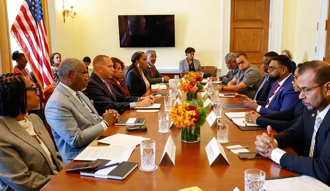 Democratic House Leader Hakeem Jeffries was accompanied to his meeting with the Guyana President by Chairman of the Congressional Black Caucus, Congressman Steven Horsford of Nevada, First Vice Chairman of the Congressional Black Caucus, Congresswoman, Yvette Clarke of New York, Congresswoman Maxine Waters of California and Congresswoman Stacey Plaskett of the Virgin Islands.