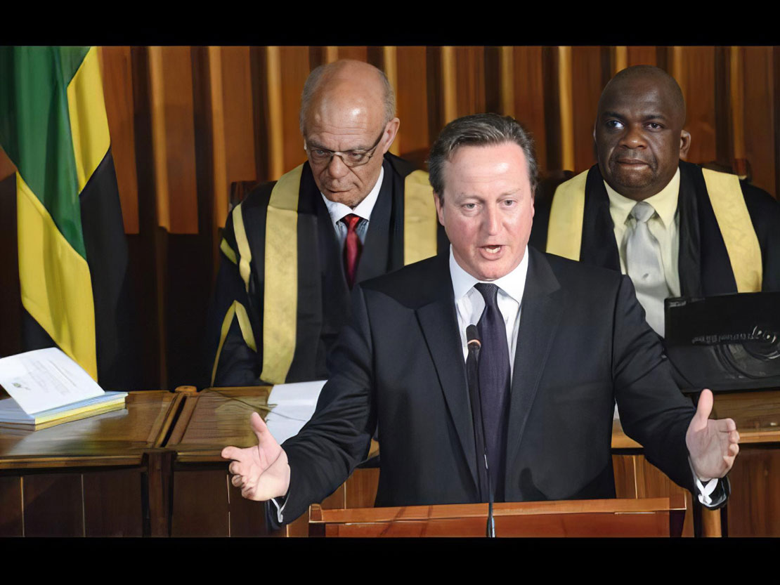 Prime Minister David Cameron of Britain addressing a joint sitting of the Jamaican Houses of Parliament at Gordon House in Kingston September 2015.