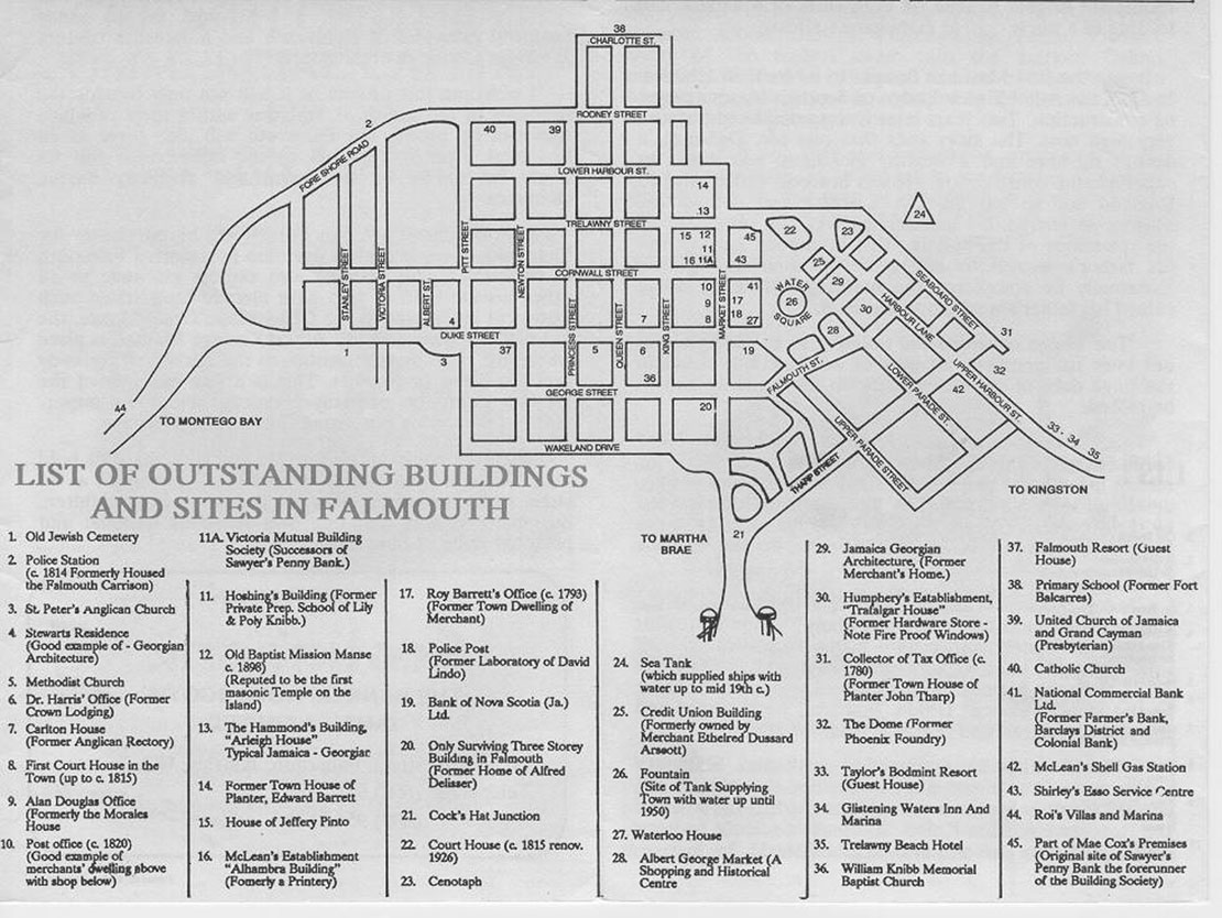 A map showing the layout of the town of Falmouth and pinpointing its historic buildings.