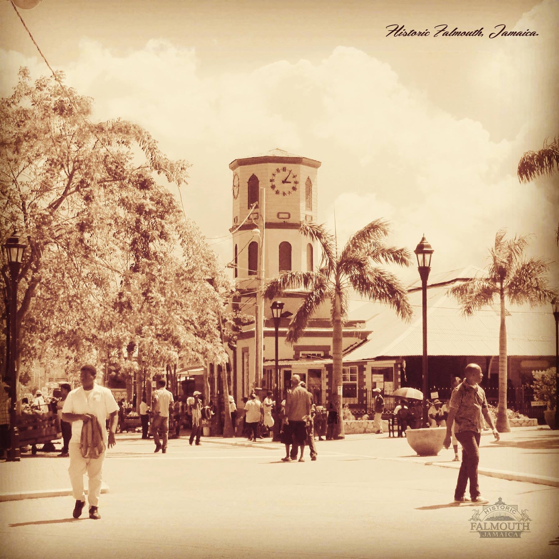 The historic Falmouth Clock Tower located at the main entrance to the now relocated Falmouth Market. The clock tower is a reminder of the town's historic past.