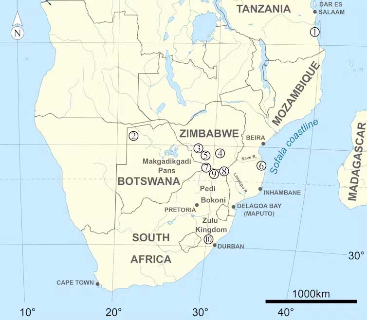  A map showing some of the prominent trading sites in the East African trade network: 1: Kilwa; 2: Tsodilo Hills; 3: Khami; 4: Great Zimbabwe; 5: Initial gold reefs; 6: Chibuene; 7: Schroda, K2 and Mapungubwe; 8: Thulamela and Makahane; 9: Dzata/Venda Capital; 10: KwaGandaganda and Ndondwane (labeled from north to south). Author supplied 