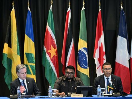 From left: US Secretary of State Antony Blinken; Dr Mohamed Irfaan Ali, CARICOM chairman and president of Guyana; and Jamaican Prime Minister Andrew Holness at the high-level meeting of heads of government on the polycrisis in Haiti. The meeting was held at the Jamaica Pegasus Hotel in New Kingston, Jamaica