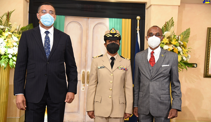 Prime Minister and Minister of Defence, the Most Hon. Andrew Holness (left), and outgoing Chief of Defence Staff (CDS), Lieutenant General Rocky Meade (right), with newly installed CDS, Rear Admiral Antonette Wemyss Gorman, following Thursday’s (January 20) swearing-in ceremony at King’s House. 