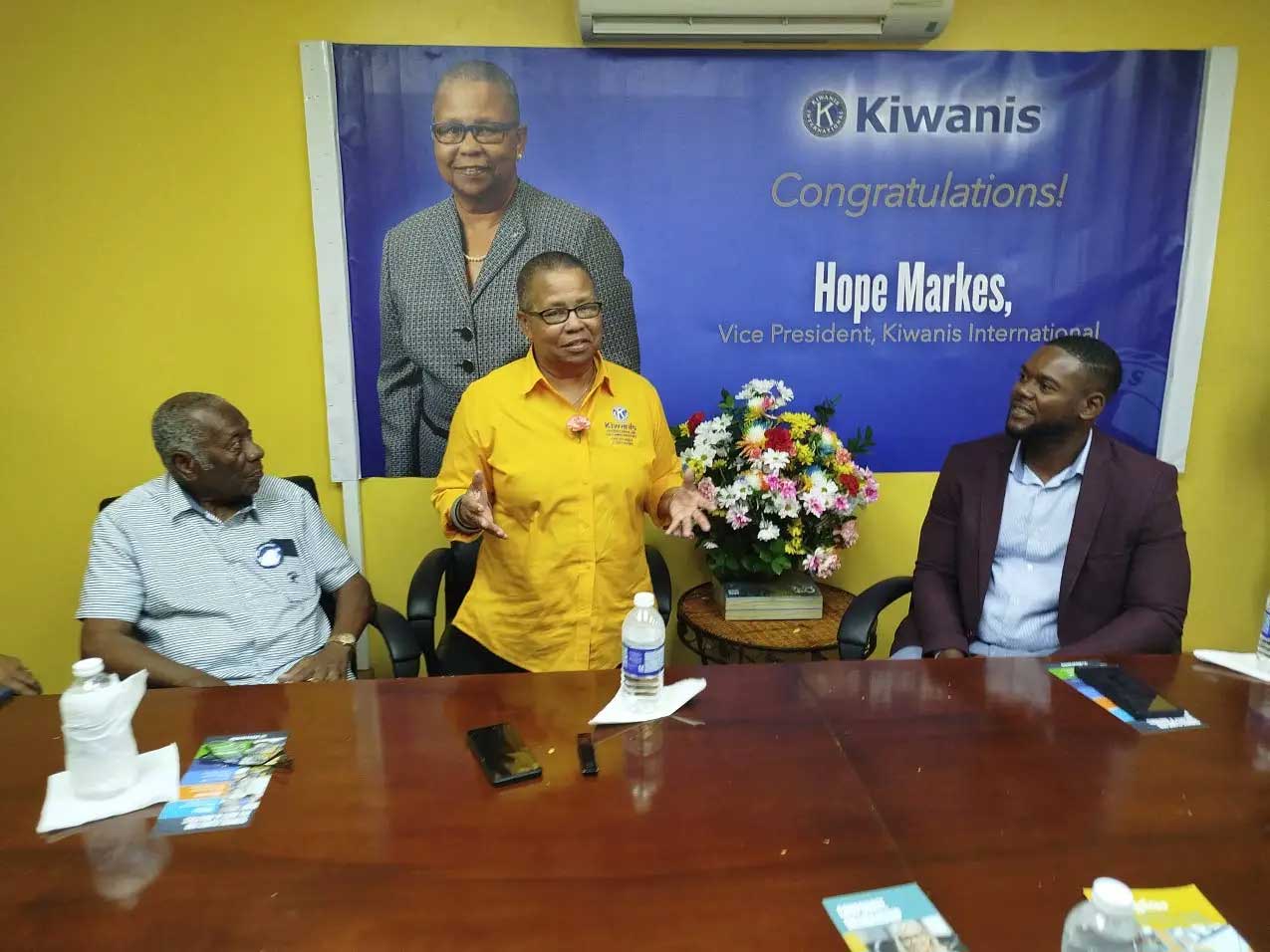 Vice-President of Kiwanis International Hope Markes as she addressed a local club. Looking on are Kiwanians Godfrey Dyer (left) and Richard Vernon, mayor of Montego Bay.
