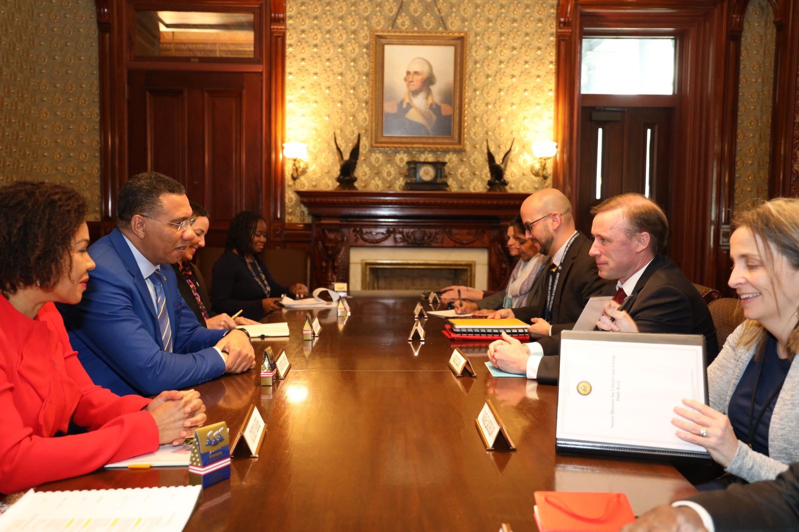 Prime Minister Andrew Holness engages US National Security Advisor Jake Sullivan in bilateral talks at the Eisenhower Executive Office Building The White House  on Tuesday December 5, 2023. Supporting the Prime Minister from left are Jamaica’s Ambassador to the United States HE Audrey Marks, Foreign Minister Kamina Johnson-Smith and Minister Counsellor for Trade at the Embassy of Jamaica, Alicia Taylor.