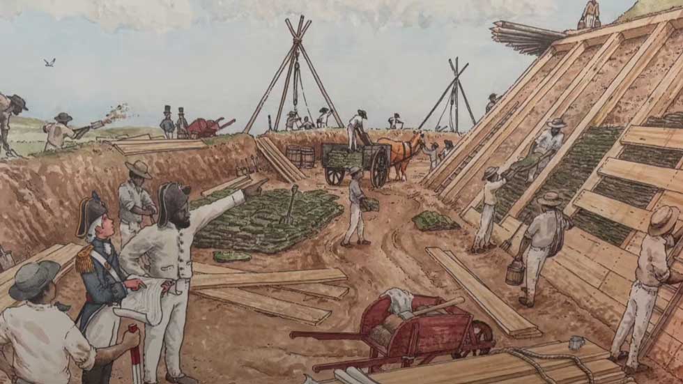 An illustration of Jamaican Maroons working on Citadel Hill was on display at the event on Thursday. (Craig Paisley/CBC)