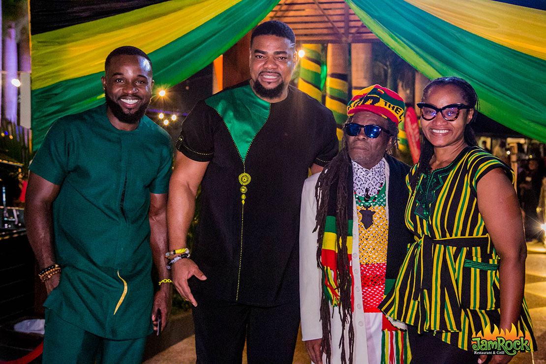 The JamRock team with vereran Jamaican entertainer Eric Donaldson. From left are JamRock Brand Manager Kevoy Burton, Co-owner Raphael Emanuel of Constitution Hill in St. Andrew, Jamaica, veteran entertainer Eric Donaldson and Madame Elizabeth Olympio Emauel, the CEO and conceptualiser of JamRock Restaurant and Grill.