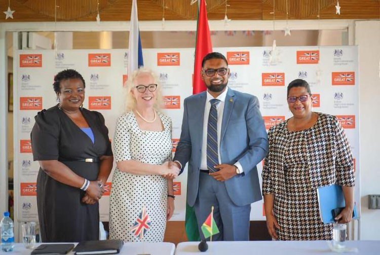 jFrom left – Deputy British High Commissioner to Guyana, Judy Kpogho, British High Commissioner, Jane Miller, His Excellency Dr Irfaan Ali and Permanent Secretary of Foreign Affairs Ministry, Elisabeth Harper