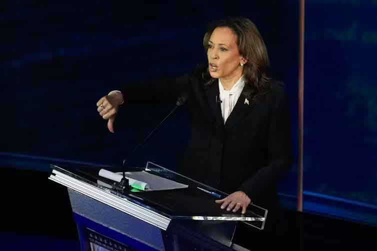  Vice President Kamala Harris gestures as she speaks during a presidential debate with former President Donald Trump on Sept. 10, 2024 in Philadelphia. (AP Photo/Alex Brandon) 