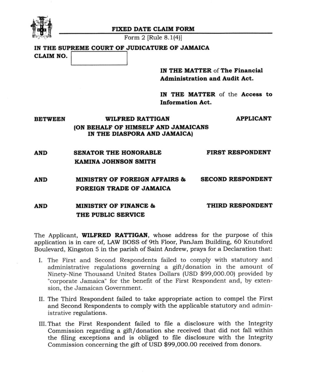 JAMAICA Lawsuit filed to ascertain level of donations to Johnson