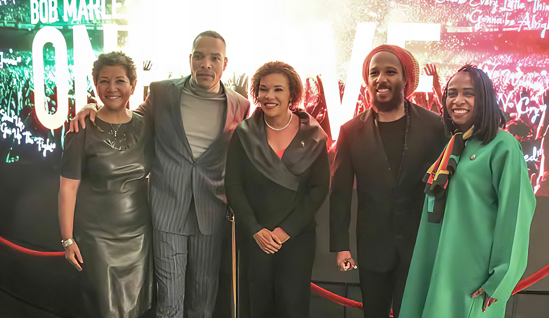 Jamaica’s Ambassador to the United States Audrey Marks, center is flank from left to right by Executive Vice President for Global Public Policy and Government Relations for Paramount Pictures, Dede Lea, Director of the BOB MARLEY: ONE LOVE film Reinaldo Marcus Green, Ziggy Marley, son of Bob Marley, and United States Congresswoman Yvette Clarke at a special screening of the   BOB MARLEY: ONE LOVE film at the Motion Pictures Association in Washington, on Tuesday February 13. (Photo Derrick Scott)