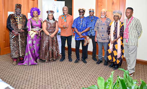  Maroon Chiefs Garner Support in Telling their Truths. From Left : His Highness Paul Eganda, President, AIDO Network Intl. and Chairman, Global African Diaspora Kingdom (GADK); Her Royal Highness Grace Eganda, Secretary General, AIDO Network Intl.;  Dr. Hilary Brown (Queen Asianut Acom II), Programme Manager Culture CARICOM Secretariat;  Pan-African Attorney, Bert Samuels; Chief Richard Currie & Ambassador Anu El, ; Colonel (Chief) Wallace Sterling;  Gaamaa Gloria Simms, Paramount Queen of the Maroons and Founder/Director of Maroon Indigenous Women Circle (Charles Town); and  Colonel Lloyd Lattibeaudiere of the Scotts Hall Maroons.             Photo Credit: Global African Diaspora Kingdom