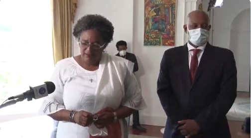 Prime Minister Mottley along with Attorgey General Dale Marshall speaks with the media after being sworn in this afternoon at State House by  President Sandra Mason