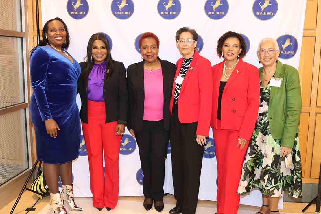 Jamaica's Ambassador to the United States, Her Excellency Audrey Marks (second from right) shares  light moment with (from left) Dr. Neva Alexander, Chief Executive Officer, Nevalliance; Jamaica’s consul general in New York, Alsion Wilson; former President of the Jamaica Nurses Group of New York( JAGYN ) Claudette Powell; Past  presidents of the Union of Jamaica Alumni Association (UJAA) Karlene Largie, and Lesleyann Samuels. She was at the International Women’s Conference hosted by Nevalliance at Hofstra University in Hempstead, New York on Saturday March 9, 2024. Photo (Derrick Scott).