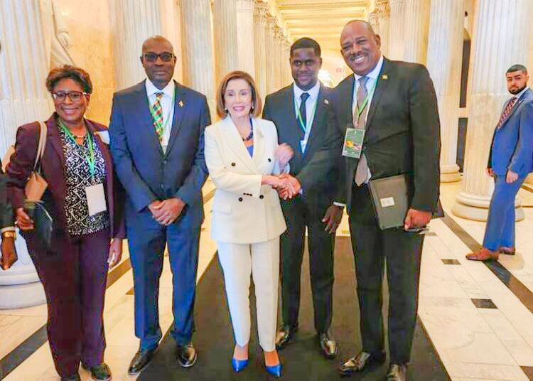 Guyanese conference delegates meet U.S former Speaker Nancy Pelosi on Capitol Hill, Sept 28, 2023. From Left are Cathy Hughes MP, David Patterson MP, Congresswoman Nancy Pelosi, Darren Wade, CGID President Rickford Burke (Cathy Hughes facebook photo).