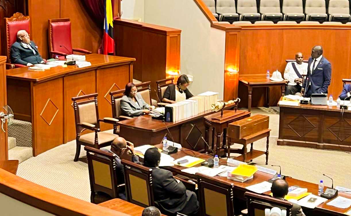 Opposition Leader Jamale Pringle on his feet delivering the rebuttal to the government's budget presentation in the Parliament of Antigua and barbuda.