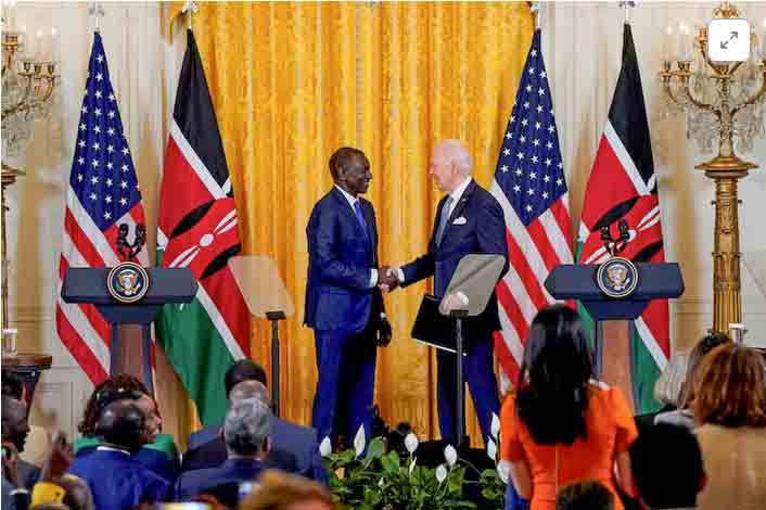 Kenyan President William Ruto and U.S. President Joe Biden shake hands during a joint press conference at the White House in Washington, U.S., May 23, 2024. REUTERS/Elizabeth Frantz