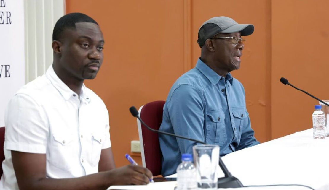 THA Chief Secretary Farley Augustine (left) and  Prime Minister Dr Keith Rowley, during a media conference on February 11 in Tobago on the impact of a mysterious oil spill. - Photo courtesy THA