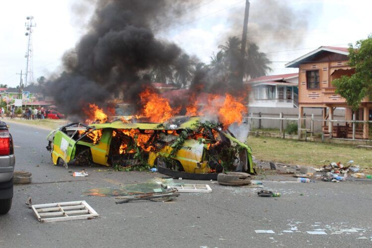 One of the buses set alight on March 6, 2020 by People’s Progressive Party/Civic protestors. School children were in the bus.