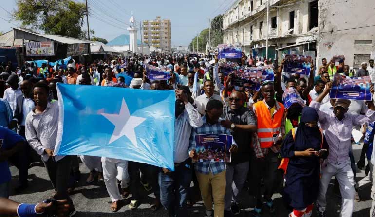 Somali people march against the Ethiopia-Somaliland port deal at the Yariisow stadium in Mogadishu, Somalia on January 3, 2024 [Feisal Omar/Reuters]