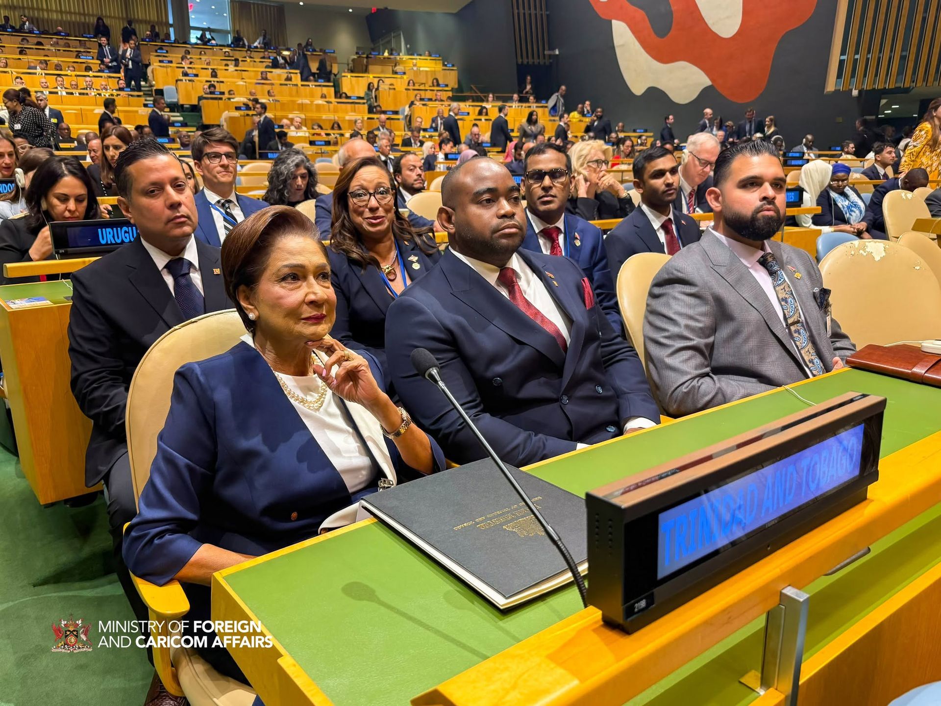 Prime Minister Kamla Persad-Bissessar, from left, Minister of Foreign and Caricom Affairs Sean Sobers and Minister of the Office of the Prime Minister Nicholas Morris during the United Nations General Assembly in New York on Tuesday.